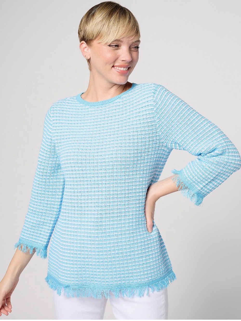Joan Rivers Sky Blue and White Textured Knit Top with Fringe Trim